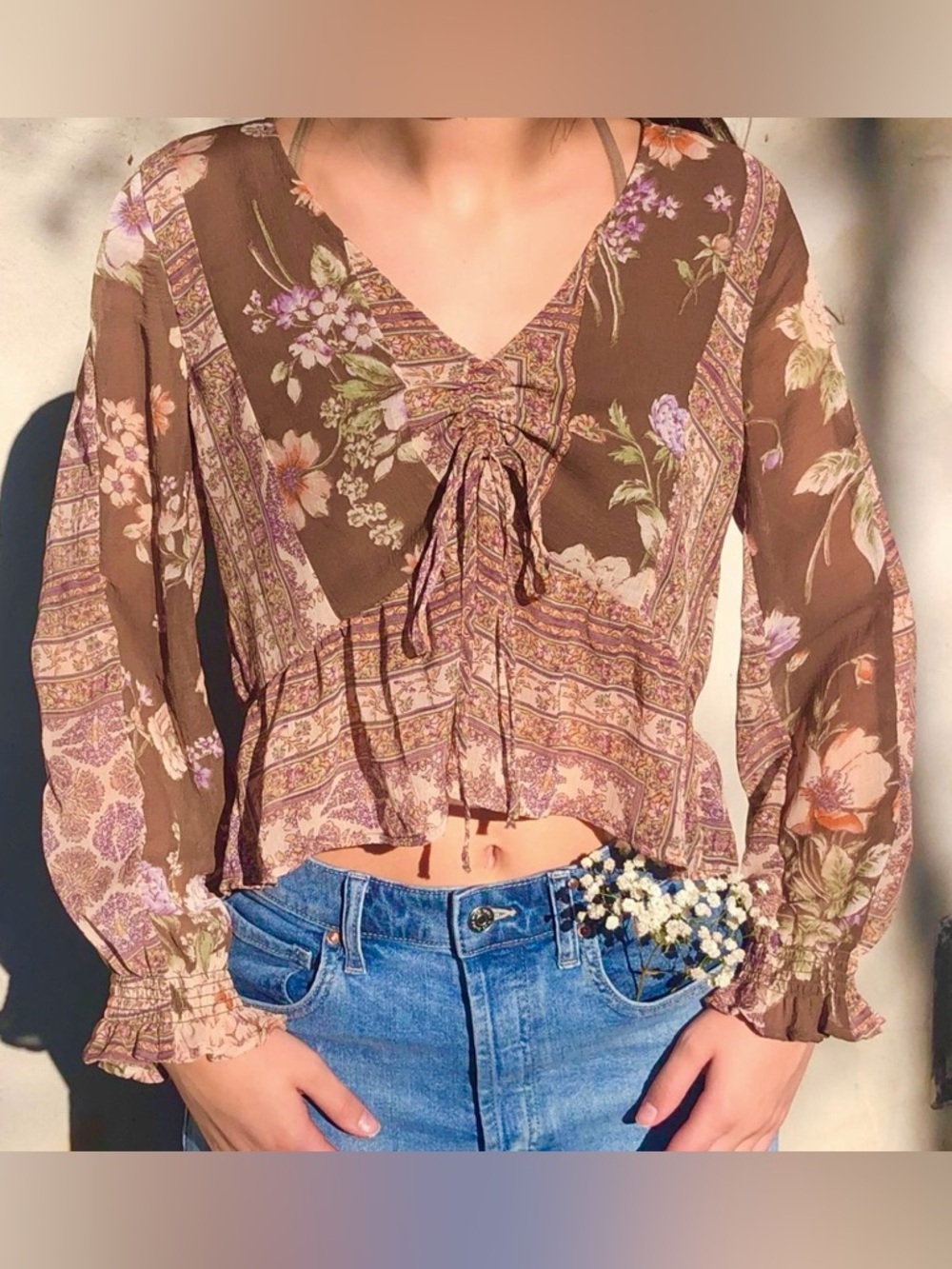 American Eagle Outfitters Brown Floral Tie-Front Peasant Top